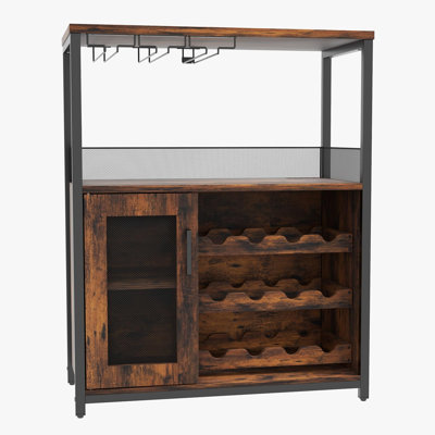 Rustic Industrial Wine Storage Cabinet, Freestanding Bar Sideboard with Glass Holder, Adjustable Shelves & Non-Slip Feet, Sturdy Metal Frame Storage Cabinet with Door for Home Kitchen Living Room