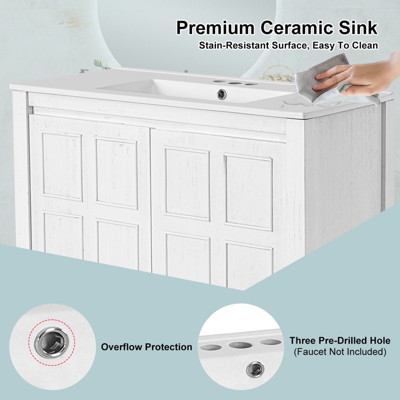 Meuble-lavabo 36 po avec lavabo en céramique, Blanc antique