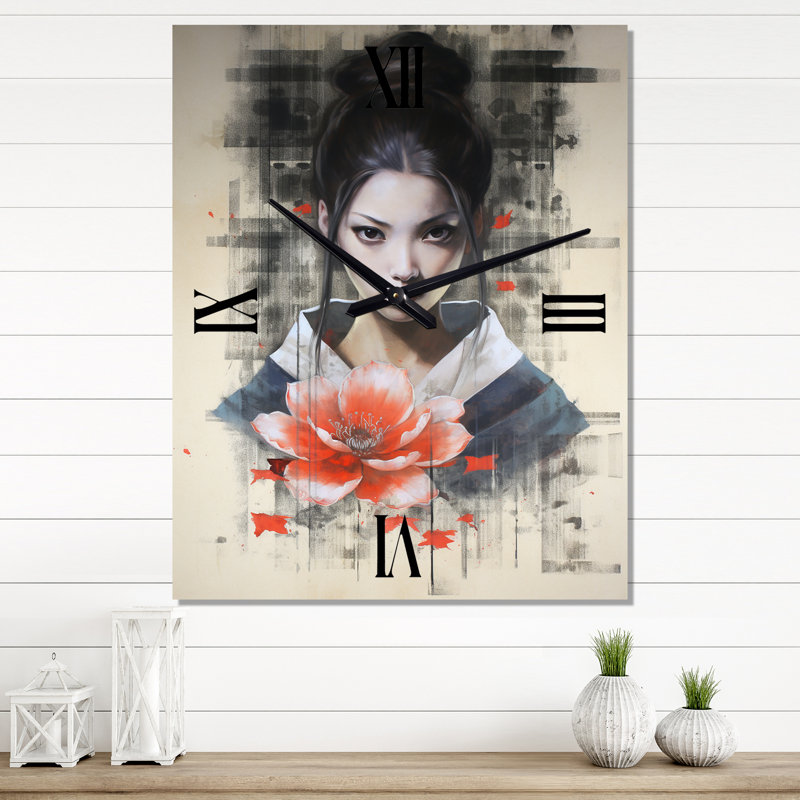 Horloge murale rétro femme avec fleur de lotus, H 32 po x l 24 po x P 1 po