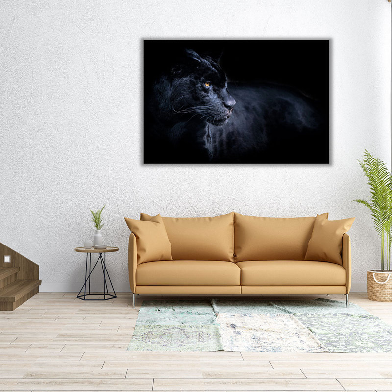 Panthère noire sur fond noir - reproduction d'art sur toile, H 32 po x l 48 po