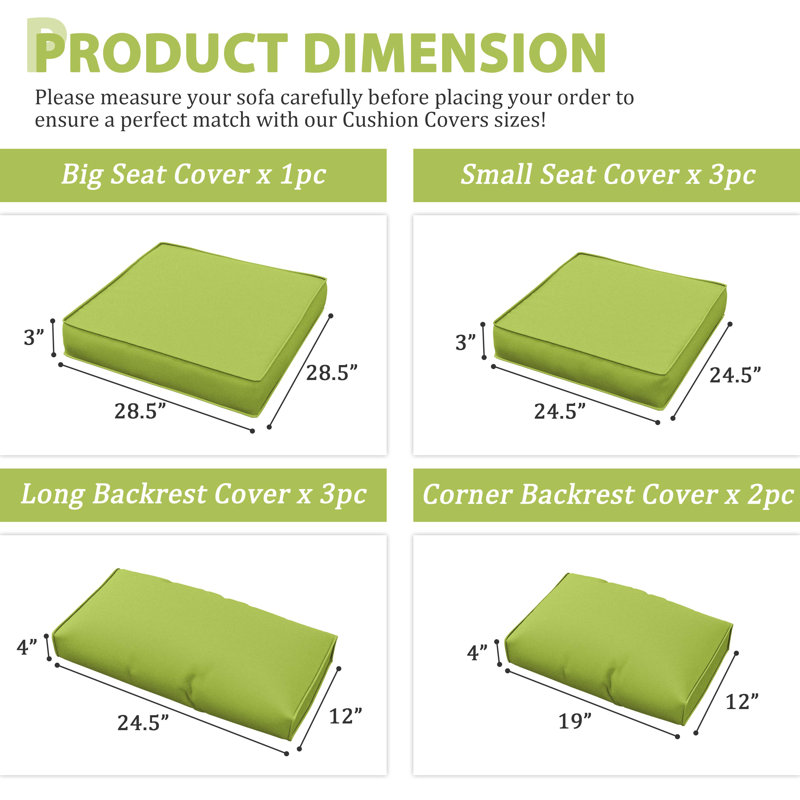 Cartert 9 Pcs Outdoor Cushion Cover Set For 3" Outdoor Cushions And Patio Furniture Cushion Covers,  Only Covers, Grass Green