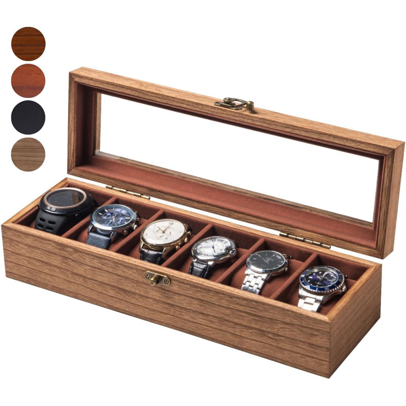 Boîte à montre pour hommes et femmes - grand couvercle en verre, boîte de rangement en bois avec 6 fentes, organisateur rétro Burlywood