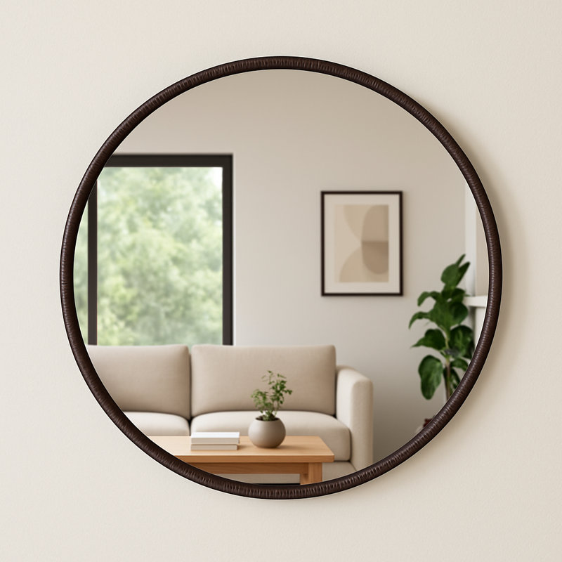 36" Brown Round Wall Mirror with Textured Iron Frame