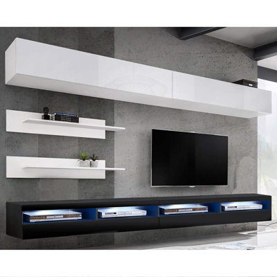 Bellago 126" Modern Floating Wall Mounted Entertainment Center with 16-Color LED Lighting, High Gloss Finish