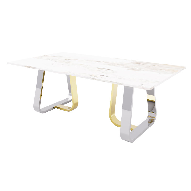 Everly Quinn Inc 80 Inches Faux Marble Dining Table Set For 6 With Stainless Steel Base And 37" Chrome Dining Chairs