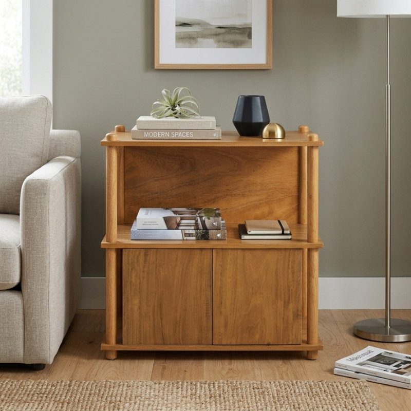 Meuble d'appoint en bois avec étagères ouvertes et garde-robe à 2 portes, table d'appoint au fini naturel pour salon ou chambre