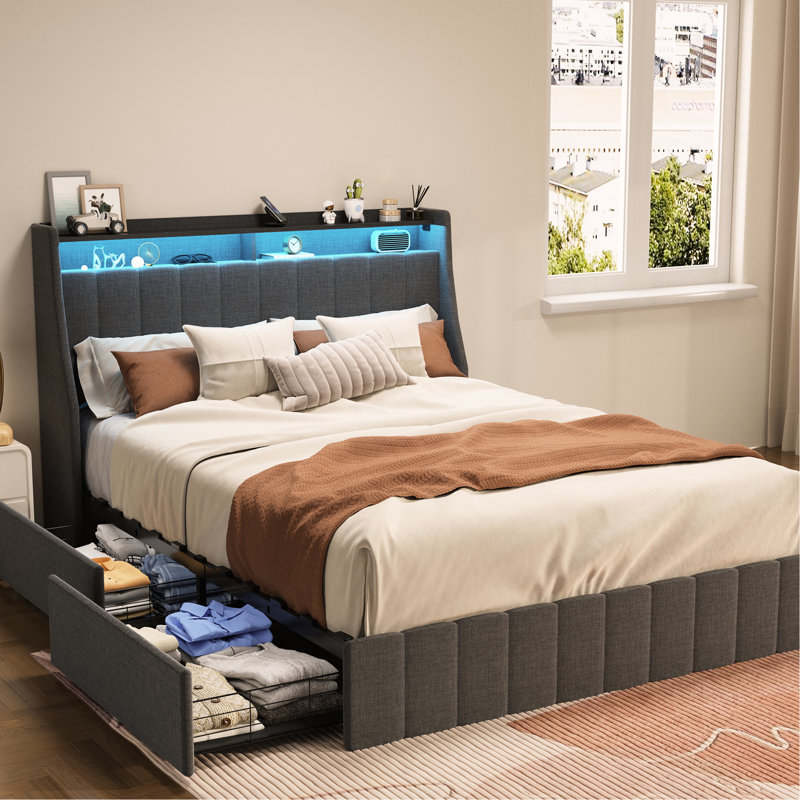 Grand lit gris foncé, lit lumineux à DEL et 4 grands tiroirs avec rangement inférieur