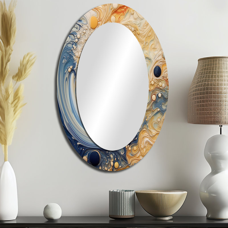 Cream Astrology Nebula Marble II - Navy Oval Wall Mirror Decor, 36" x 24"