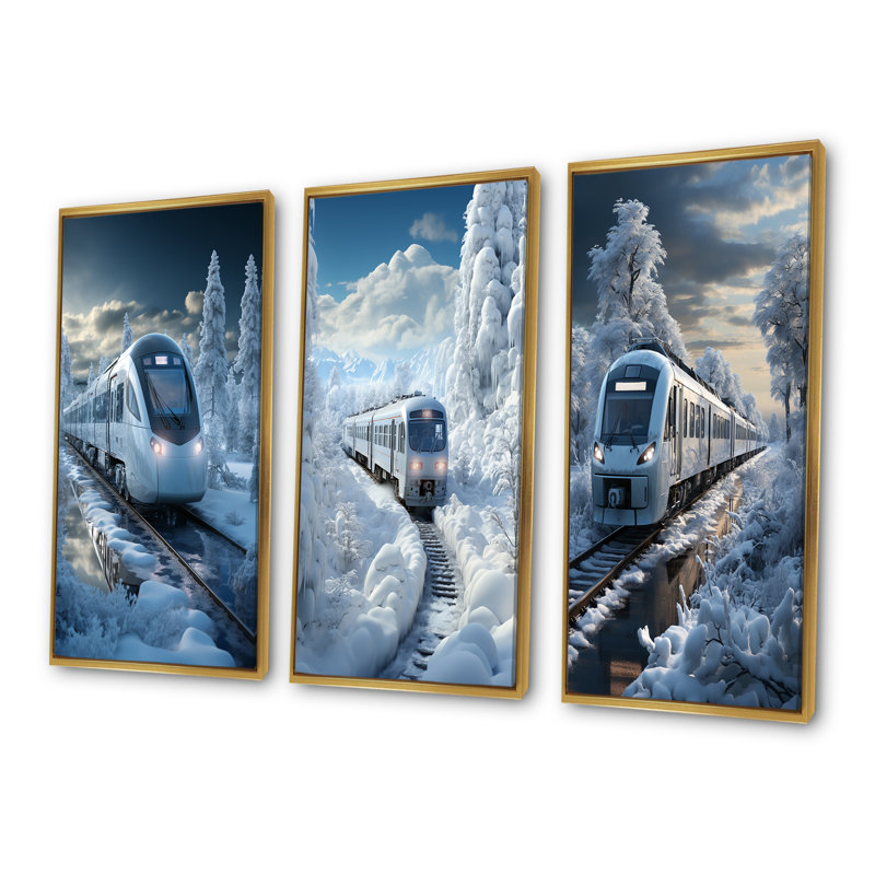«Christmas Snow Train Journey I - Transport train», ensemble de 3 reproductions d'art sur toile, Cadre flottant doré
