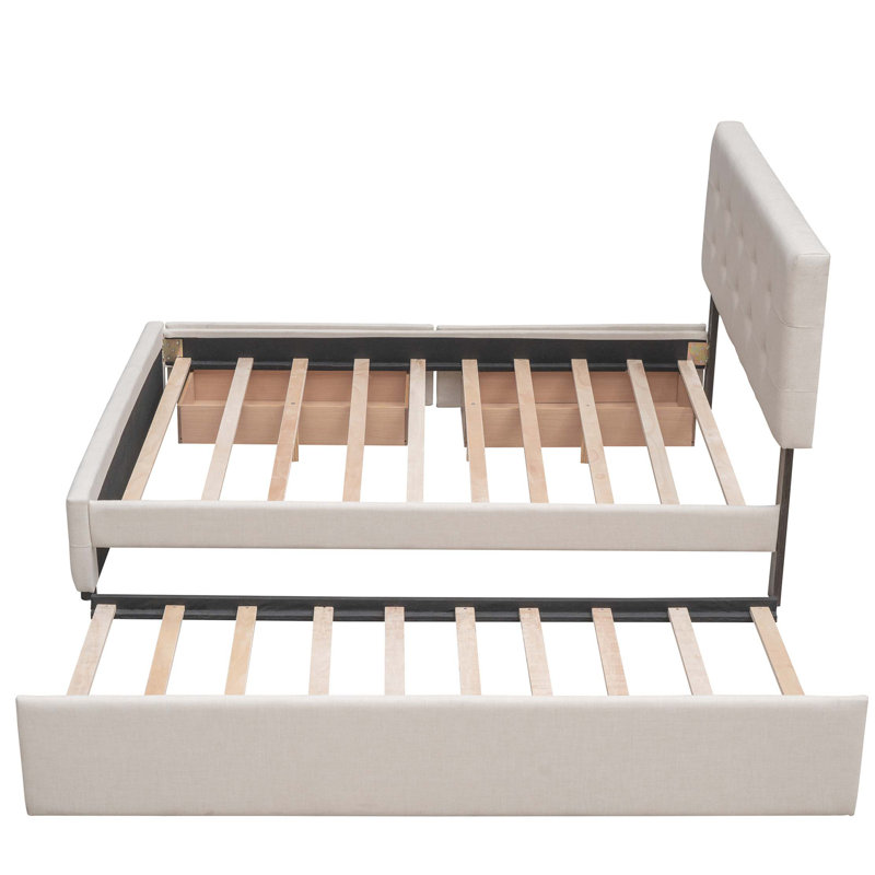 Lit plateforme tapissier avec 2 tiroirs et 1 lit gigogne en tissu de lin