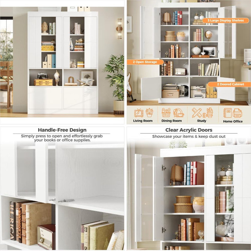 Bibliothèque moderne à 5 niveaux avec portes en acrylique et armoires de rangement, grande bibliothèque pour le salon et l'organisation du bureau personnel