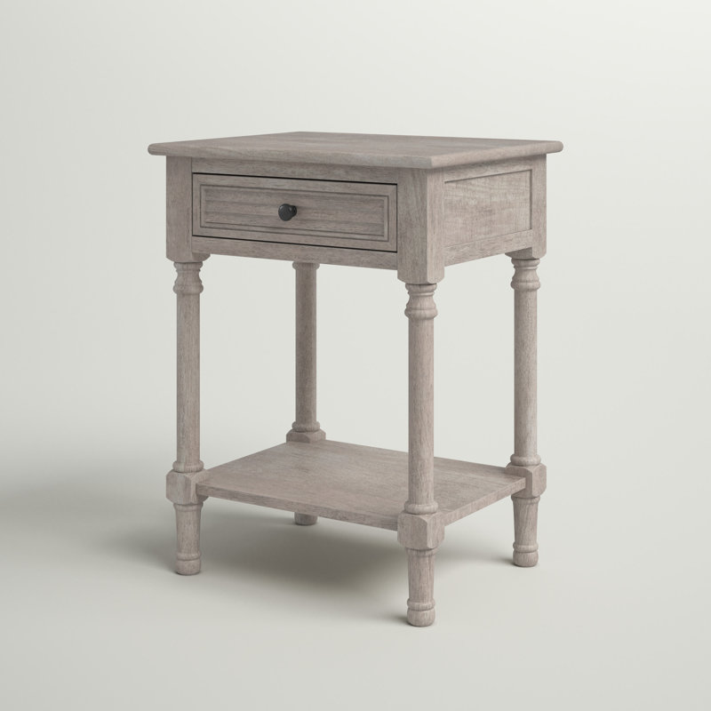 Greige Turned-Leg 22" Wood & Stone Accent Table with Drawer