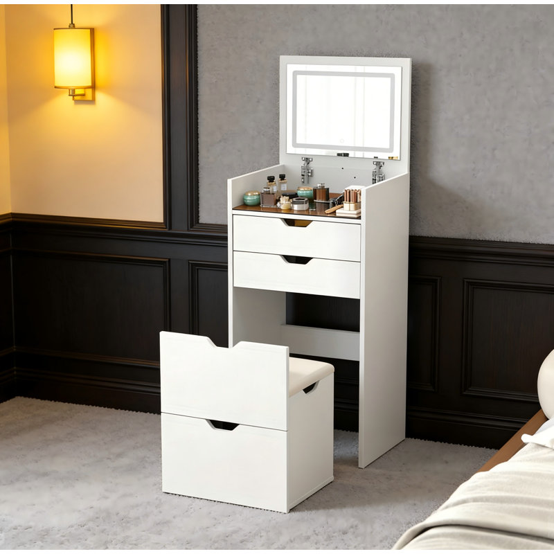 Dressing Table and Stool, 3-in-1 Multifunctional Dressing Table Set, Featuring Three-color Lighting Modes, HD Mirror, Two Sliding Drawers, and a Hidden Storage Stool