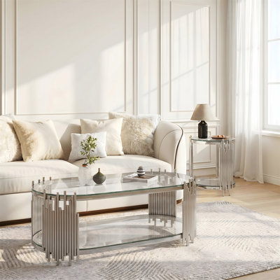 Ensemble de tables basses et tables d'appoint Modern Luxury, 2 tables gigognes ovales en verre avec tiges verticales en métal et finition chrome poli pour le bureau du salon