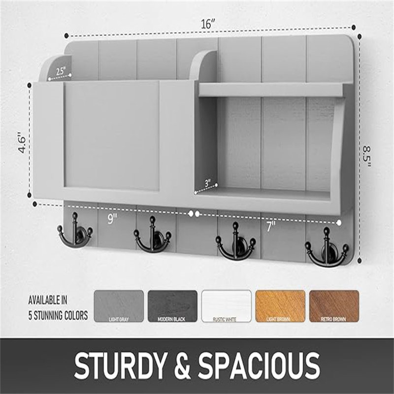 Gray Wooden Wall Mounted Key Holder and Mail Organizer with Shelf
