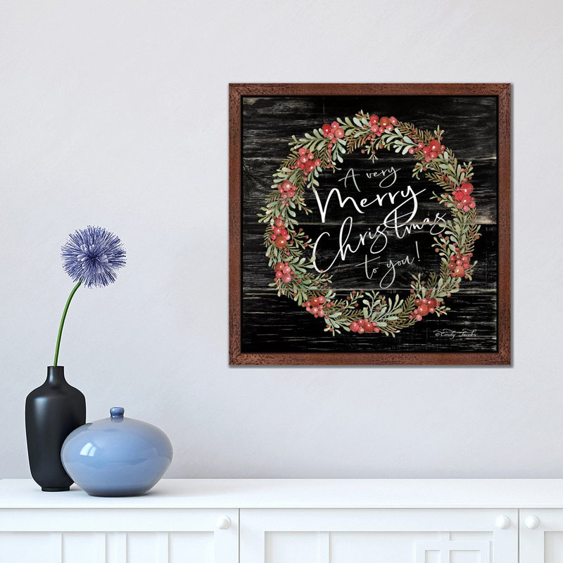 A Very Merry Christmas Wreath by Cindy Jacobs - Floater Frame Print on Canvas, 66.04 cm H x 66.04 cm W, Brown