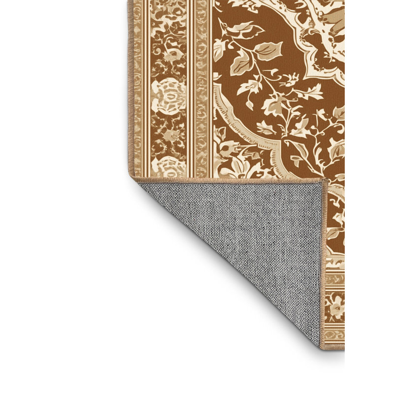 Tapis floral brun lavable à la machine Pauleta Classic - reliure brun clair, Rond 7 pi