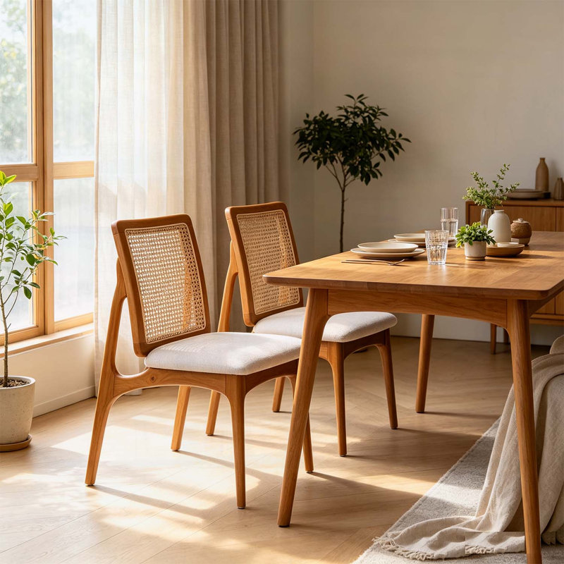 Ensemble de 2 chaises de salle à manger modernes du milieu du siècle en rotin, avec structure en bois d'hévéa massif et dossier en rotin naturel.