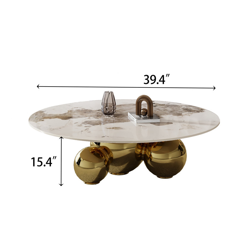 Modern 39.4" Faux Marble Single Base Round Coffee Table for Living Room, Beige Marble, Gold