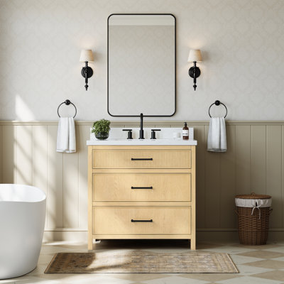 Meuble-lavabo simple Isola de 91 cm (36 po) en chêne scandinave, comptoir en quartz Giotto, lavabo carré encastré (3 trous), garniture noire mate