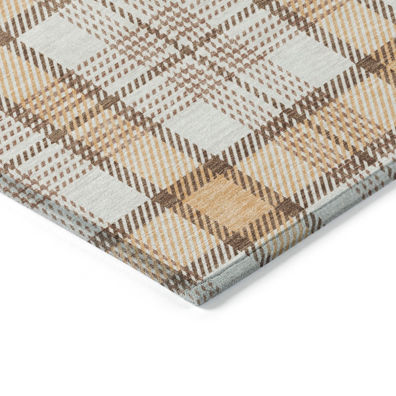 Peach and Beige Plaid Washable Synthetic Rug, 3' x 5'