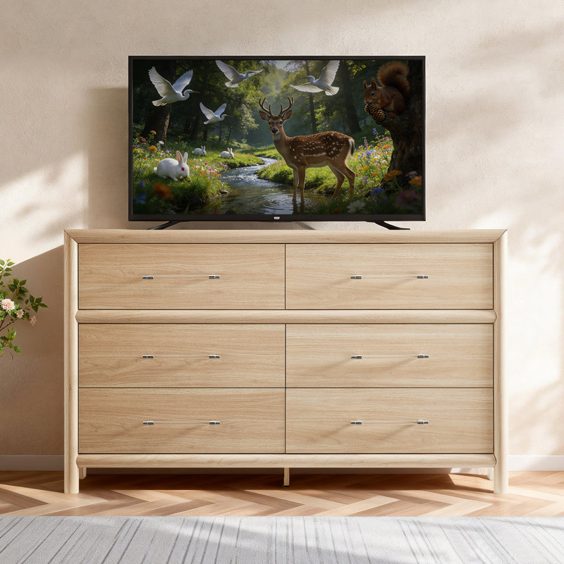 55"W Modern 6-Drawer Dresser, Oak