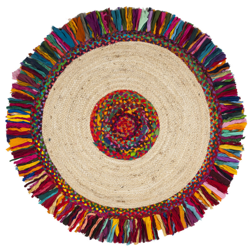 Tapis rouge / ivoire en jute tissé à la main Abhay, Rond 8 pi