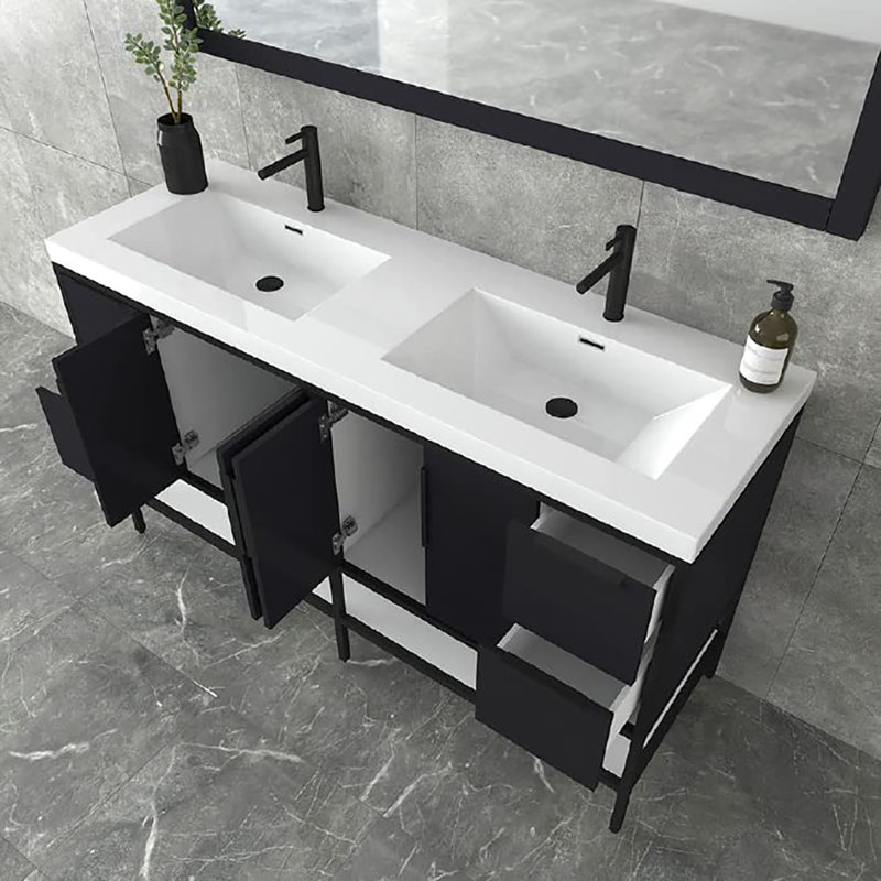 Ensemble de meuble-lavabo double l 59,5 ", Gris brillant