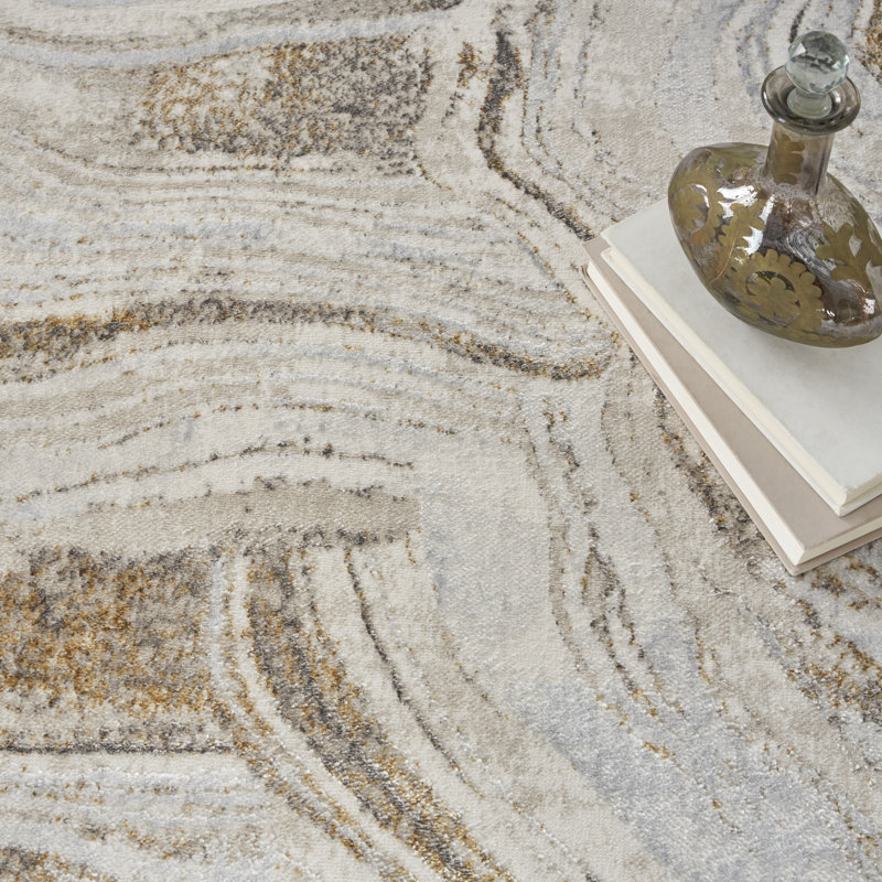 Blahomir Abstract Nature-Inspired Area Rug in Gray/Gold/Beige, Rectangle 9' x 12'