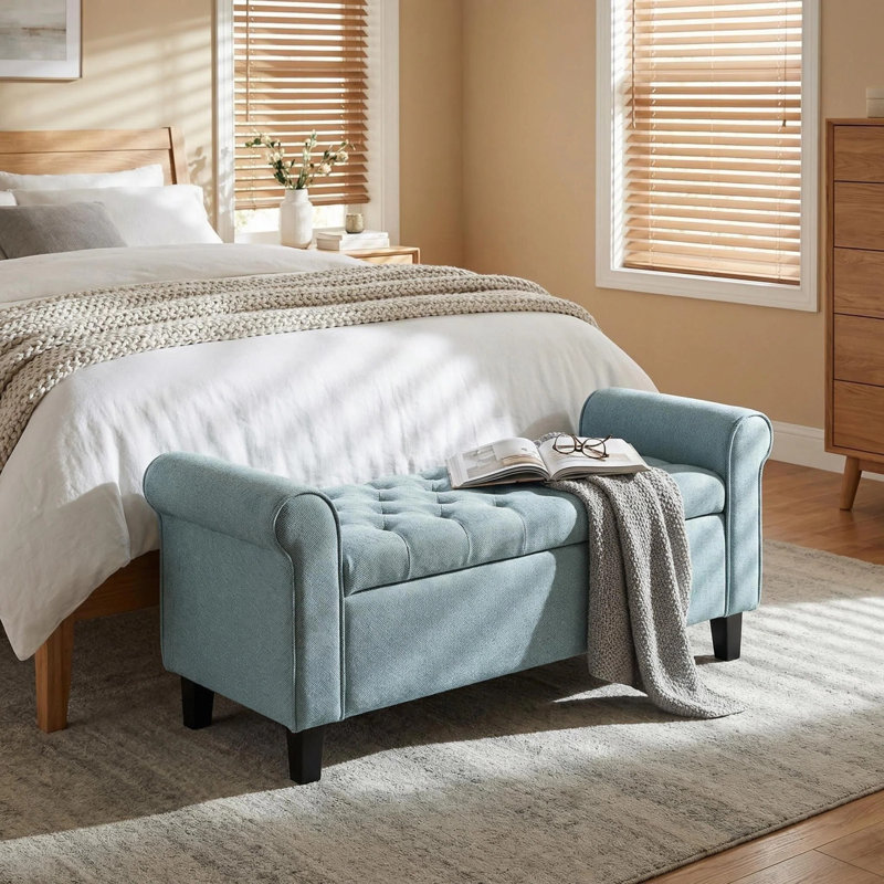  Claxton 50 Inch Contemporary Button Tufted Upholstered Storage Bench with Flip Top, Rolled Arms, Soft Close Hinges, Mid Blue