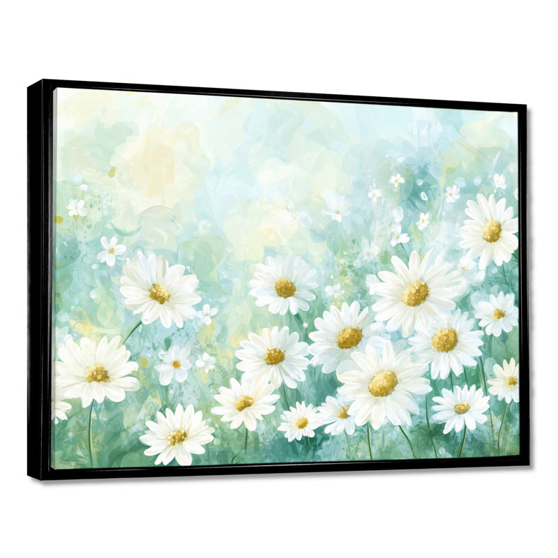 Daisy Field Charm In Summer II - Daisy Wall Art Living Room, 16" H x 32" W, Floater Framed Print, Noir