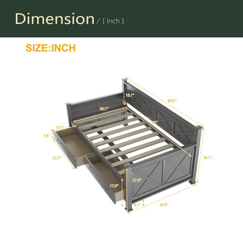 Twin Size Daybed With 2 Large Drawers, X-Shaped Frame, Modern And Rustic Casual Style Daybed, Gray