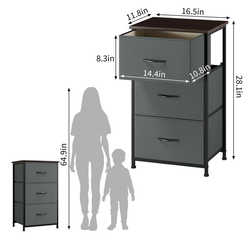 3-Drawer Dresser with Removable Fabric Bins, Slim Wood Grain Storage Organizer for Small Spaces, Gray