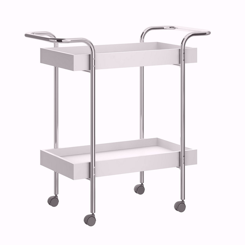 Chariot de rangement à 2 niveaux avec structure en métal, blanc et chrome