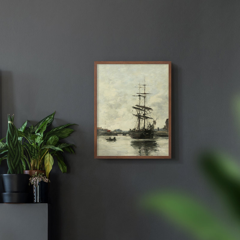 Imprimé nautique rétro XLI, H 10 po x l 8 po, Papier avec cadre noyer, Pas de tapis