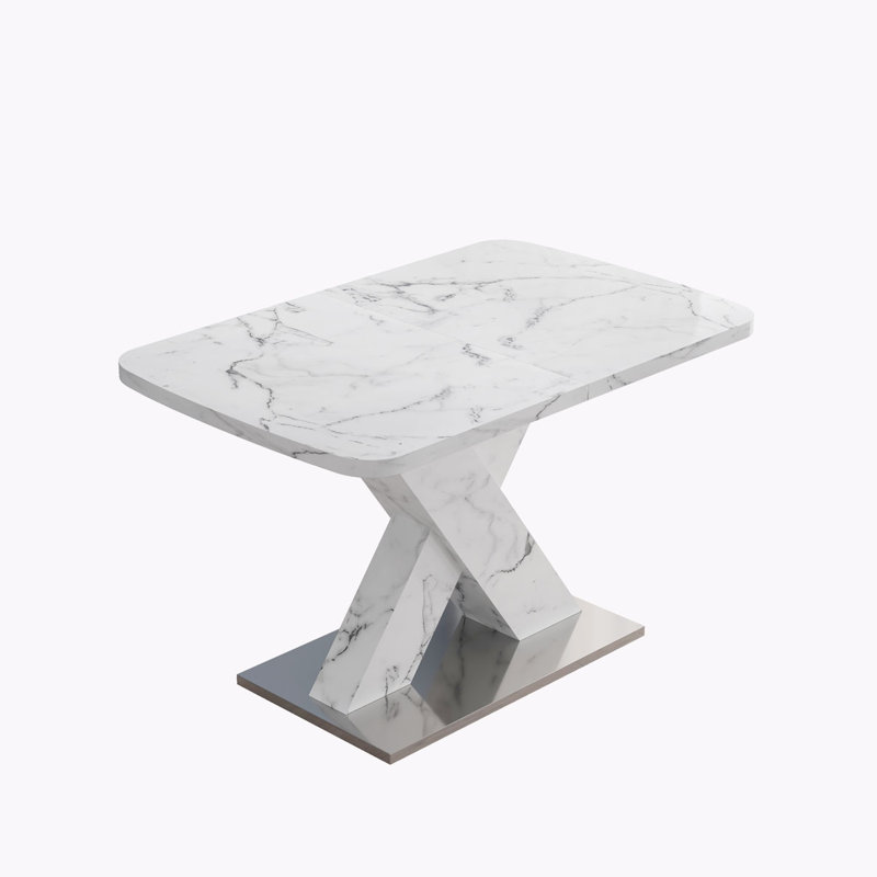 Stretchable Dining Table,X-Shape Table Leg with Metal Base (, White, White