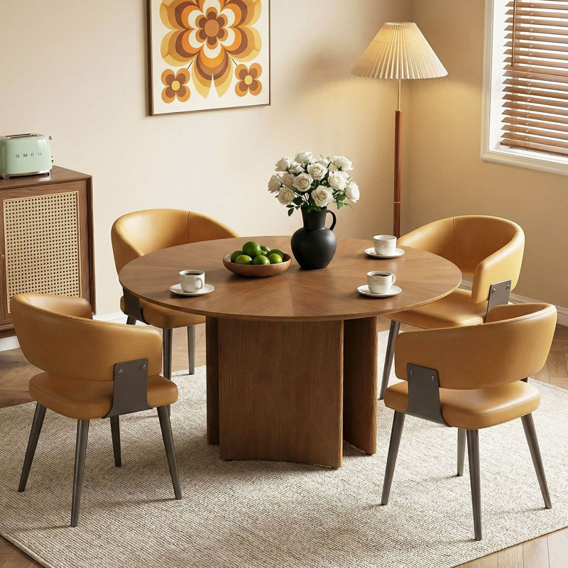Ensemble de table de salle à manger à piédestal moderne 59,05 po et 4 chaises rembourrées - Base sculpturale - Noyer / brun clair