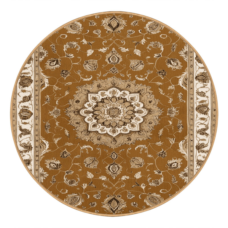 Machine Washable Tabriz Brown Area Rug, Round 7'