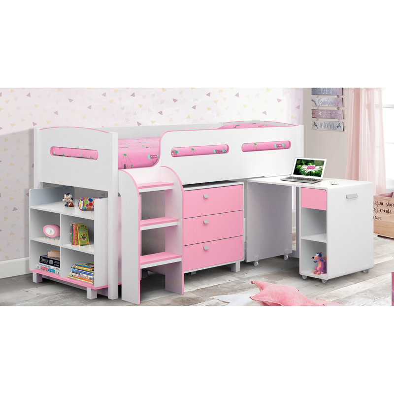 Lilianna Single (3') Mid Sleepers Bed Frame with Storage Included with Built-in Ladder Included with Desk Included, Pink