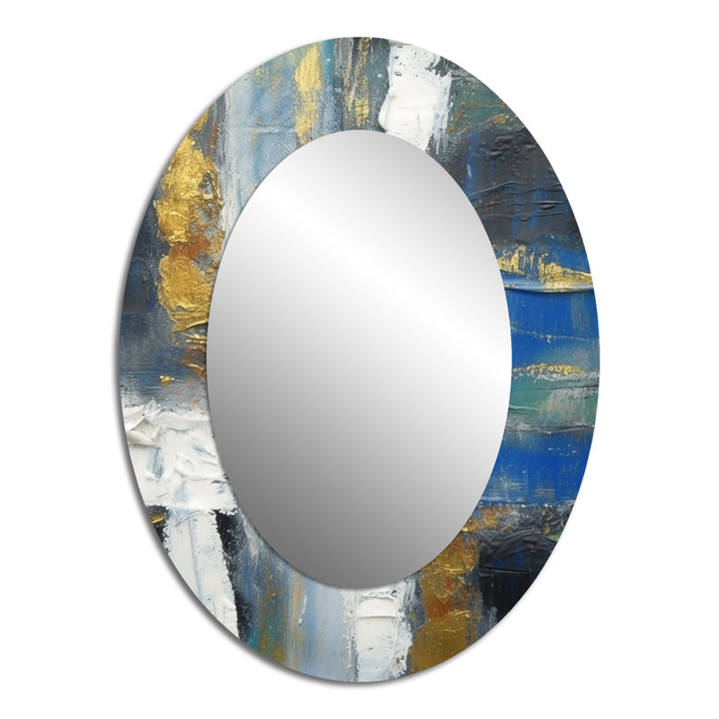 Ethereal Knowing Royal Blue And Gold I - Gold Modern Oval Wall Mirror, 40" x 30"