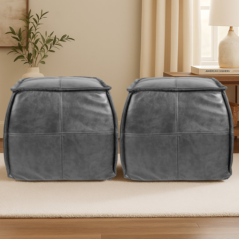 Full-Grain Genuine Leather Square Pouf With Patchwork Design, Gray