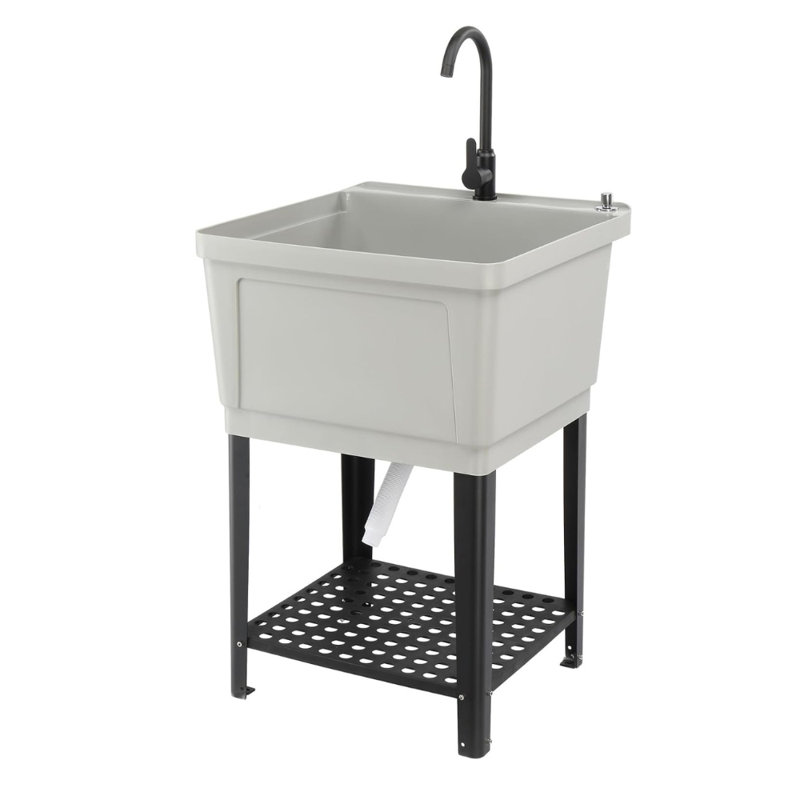 Plastic Utility Sink Freestanding With Storage Shelf, Gray