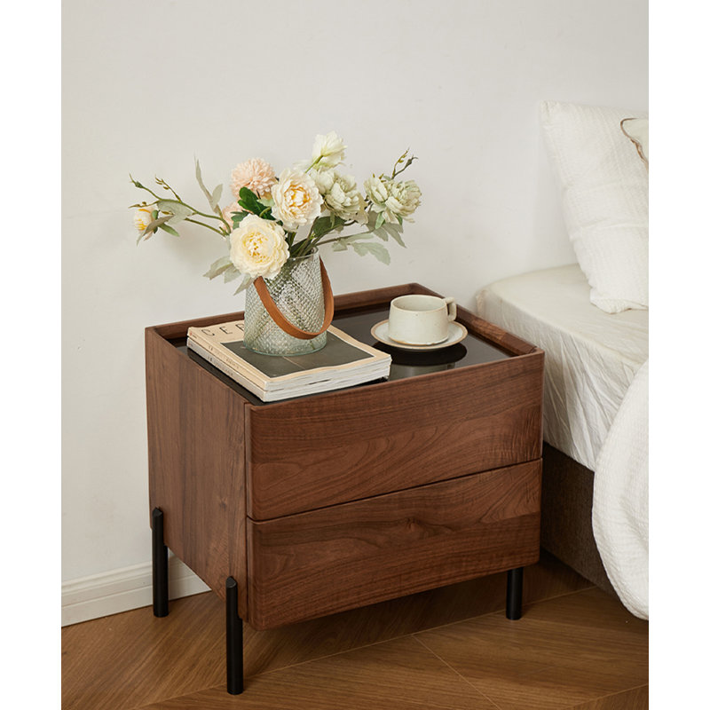Wabi Sabi Walnut Wood Nightstand Handleless Double Drawer Solid Wood Construction