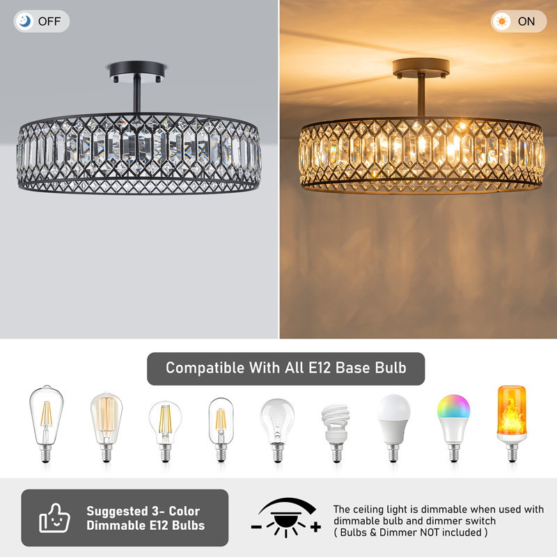 Luxury Crystal Drum Semi Flush Mount Light, 5 Lights, Matte Black