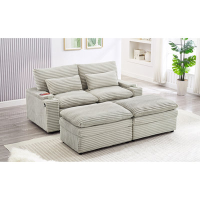 70,9 pouces, - Canapé d'angle convertible, gris, en lit, avec deux poufs, rangements, ports et porte-gobelets. Parfait pour les petits espaces. Revêtement en velours côtelé Relax.