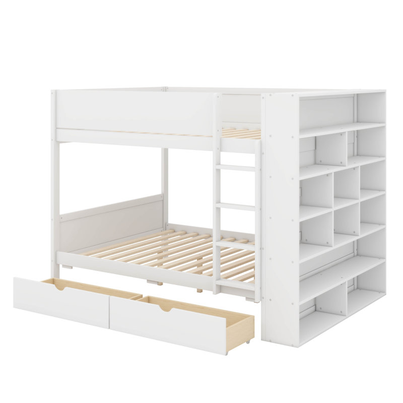 Lit superposé avec bibliothèque de rangement, structure en bois, 2 tiroirs et armoire à plusieurs niveaux, Blanc