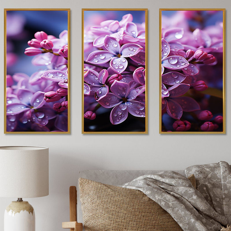 «Pink Lilacs Photo Harmony I», ensemble d'art sur toile lilas, Cadre flottant doré, H 28 po x l 36 po x P 1 po
