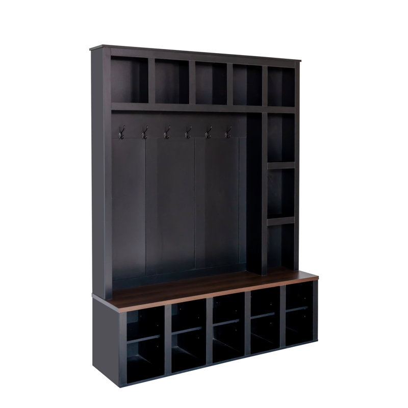 Wooden Style Hall Tree With 6 Hooks, Practical Walnut Storage Bench With Adjustable Shelves,  4-In-1 Entryway Shoe Cabinet With 13 Cubbies