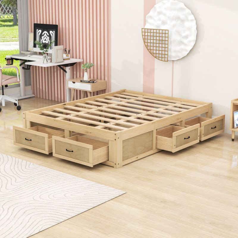 Lit plateforme 6 tiroirs en bois avec pieds centraux, Naturel antique, Grand lit