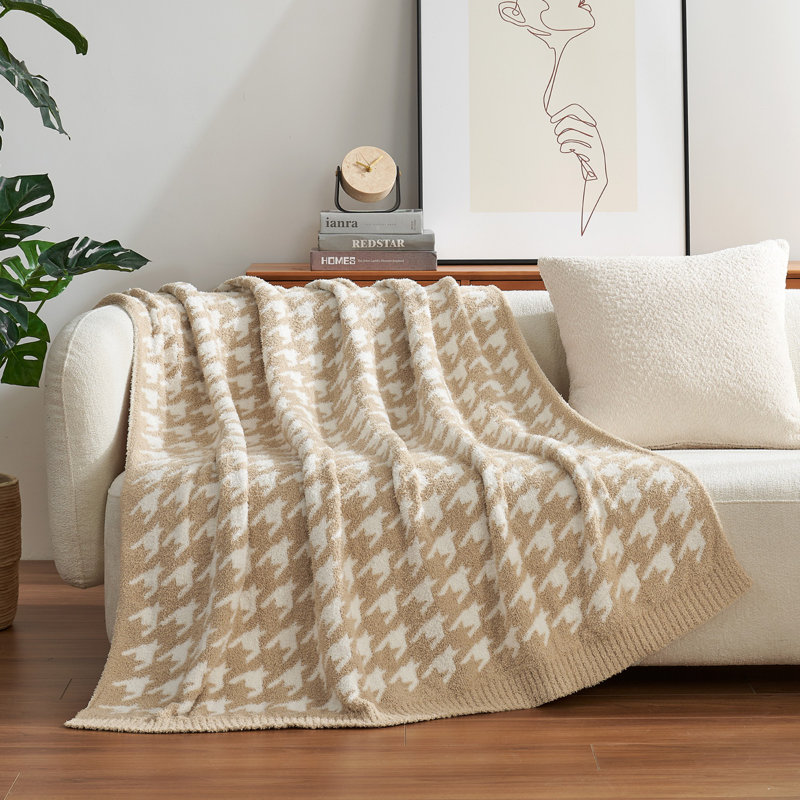 Jeté réversible en tricot Houndstooth, Pied-de-poule beige